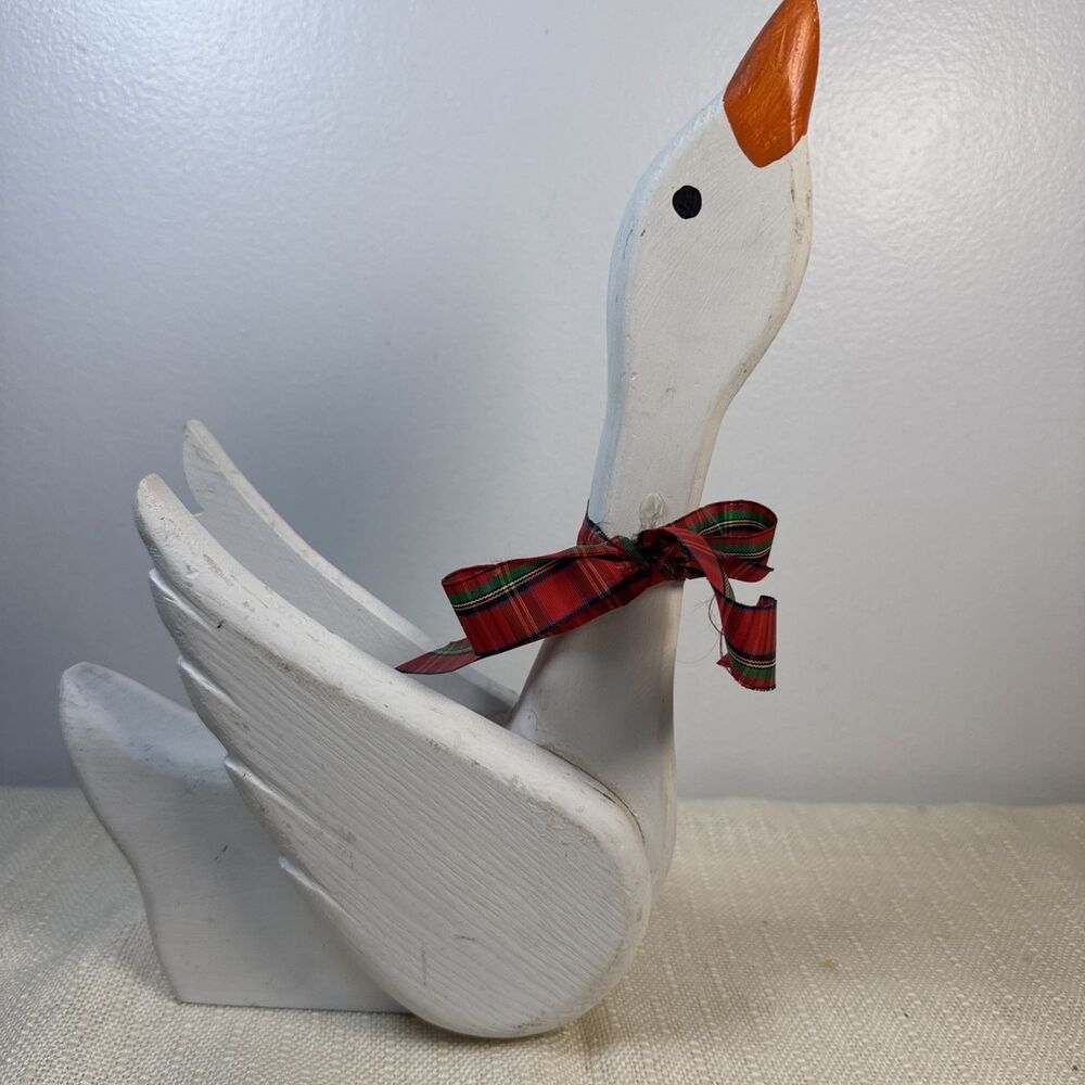 Vintage Hand Painted Wooden Swan Goose Folk Art Farmhouse Decor Shelf Sitter